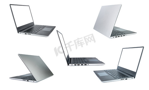 系列，现代纤薄设计笔记本电脑，带空白屏幕，铝材料隔离在白色背景。