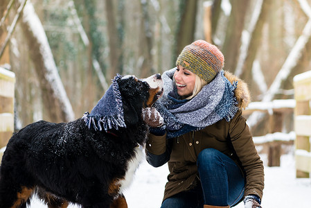 冬天遛狗摄影照片_女人在雪地里和她的狗玩耍