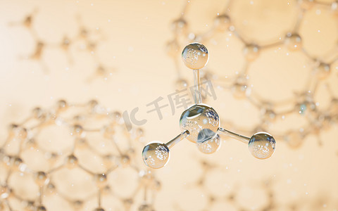 化学手抄报摄影照片_化学分子有黄色背景，3D 渲染。