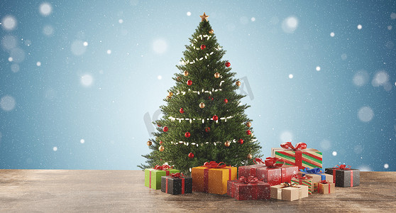 装饰圣诞枞树和礼物 3d 插图