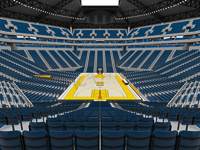 美丽的篮球运动场，设有 VIP 包厢和蓝色座椅，可容纳两万名球迷