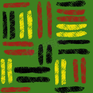 服装几何摄影照片_手绘无缝图案与非洲几何装饰设计印花，Juneteenth 自由 1865 面料，黄绿色红色黑色抽象形状肯特布，民族背景。