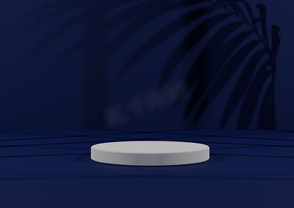 简单、最小的 3D 渲染组合与一个白色圆柱讲台或站在抽象阴影深蓝色背景上用于产品展示。