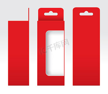 悬挂红盒窗口剪出包装模板空白，空盒红色纸板，礼品盒红色牛皮纸包装纸箱，高级红盒空