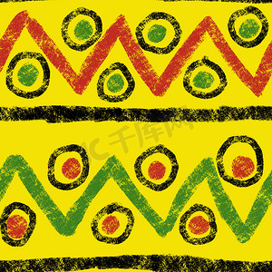 手绘无缝图案与非洲几何装饰设计印刷，六月自由 1865 面料，黄绿色红色黑色抽象形状肯特布，种族背景。
