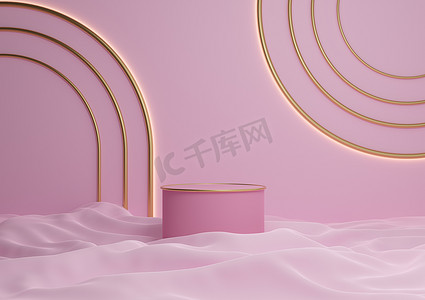 浅色、柔和、薰衣草粉色 3D 渲染豪华产品展示圆柱讲台或带有金色线条的支架，最小构图，带有拱形几何闪亮灯光