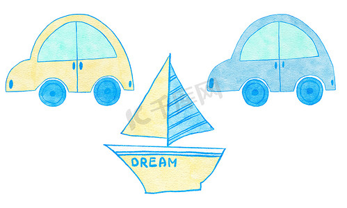 蓝色黄色可爱汽车汽车游艇运输的水彩手绘插图。