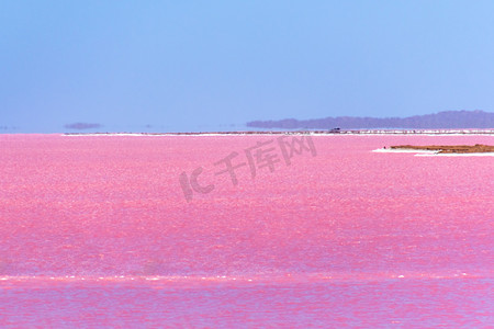 西澳大利亚格雷戈里旁边的粉红湖，地平线上有海市蜃楼