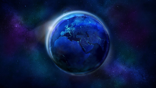 从太空看半个地球的夜晚，显示非洲、欧洲和亚洲。