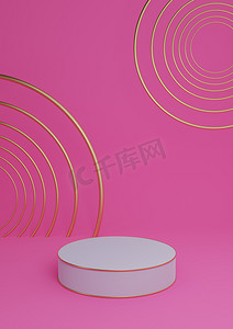 台金色摄影照片_亮洋红色、霓虹粉色 3D 渲染最小产品展示豪华圆柱台或产品背景抽象构图与金线和圆圈