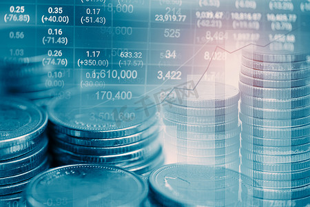 股票市场投资交易金融、硬币和图表或外汇分析利润金融业务趋势数据背景。