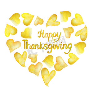 字体感恩摄影照片_水彩快乐的感恩节词短语字体在心形的黄色橙色颜色。