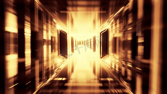 未来派干净的科幻玻璃隧道走廊，带发光灯 3D 插图壁纸背景，