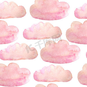 无缝水彩手绘图案与粉红色的云彩。