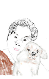 狗狗素描摄影照片_女人拥抱她的宠物的素描是一只非常可爱的狗