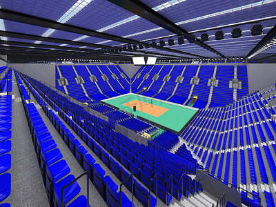 美丽的现代排球运动场，配有蓝色座位和 VIP 包厢