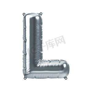 银色充气铝箔气球字母 L 的 3D 渲染。派对装饰元素