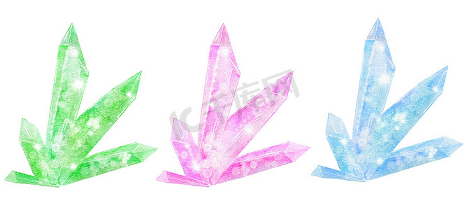 闪亮水晶的水彩画，闪闪发光的宝石，柔和的颜色，绿色，粉色，紫色，蓝色。