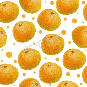 手绘橙色水果摄影照片_水彩手绘无缝图案插图明亮的橙色橘子柑橘类水果与圆点圆圈背景。