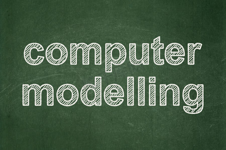科学概念：黑板背景上的计算机建模