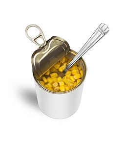 用勺子装在敞口锡罐中的甜玉米
