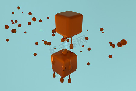融化的巧克力立方体与液滴细节，3D 渲染