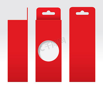 空白盒子样机摄影照片_悬挂红盒窗口剪出包装模板空白，空盒红色纸板，礼品盒红色牛皮纸包装纸箱，高级红盒空