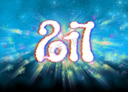 新年快乐 2017 年孤立的数字写在明亮的散景背景上，充满飞行数字 3D 插图