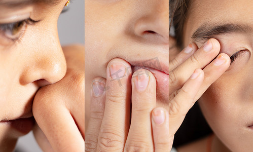 预防小贴士摄影照片_小女孩的拼贴画触摸鼻子、眼睛和嘴巴 — 概念显示避免触摸脸部以保护和防止 covid-19、sars cov 2 或冠状病毒的爆发或传播