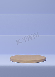 浅色、柔和的蓝色 3D 渲染简单的产品展示，最小的背景与讲台木圆柱站在自然产品的台阶上
