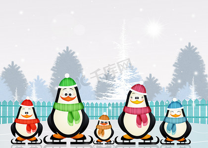 冬天，企鹅在冰上滑冰