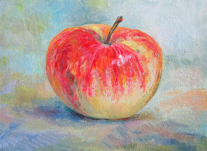蓝色背景中成熟的红苹果，油画