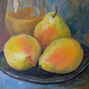 盘子里的熟梨，油画