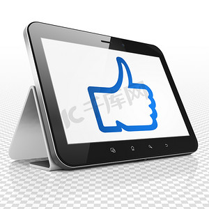 社交媒体概念：显示大拇指的平板电脑