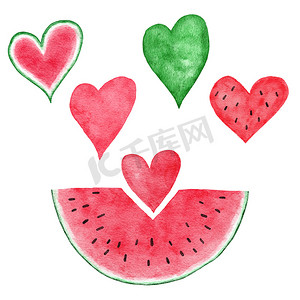 水果冰激凌摄影照片_红色和绿色的西瓜心水彩手绘插图，夏季水果设计为派对装饰蔬菜背景。