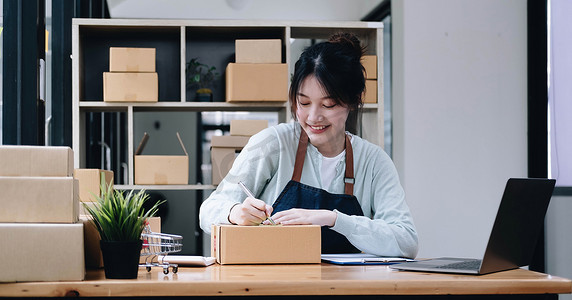 开办小型企业 中小企业主 女企业家 在收货箱上写下地址并检查在线订单，准备打包，向客户销售，在线中小企业商业创意。