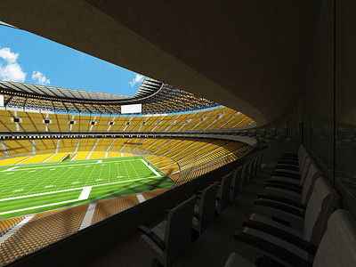 有黄色座位和贵宾包厢的大型美丽的现代美式橄榄球场