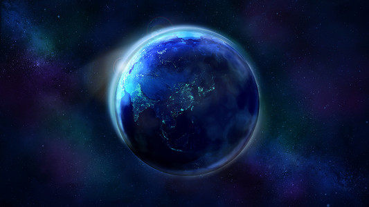 从太空看半个地球的夜晚，显示亚洲、澳大利亚和大洋洲。