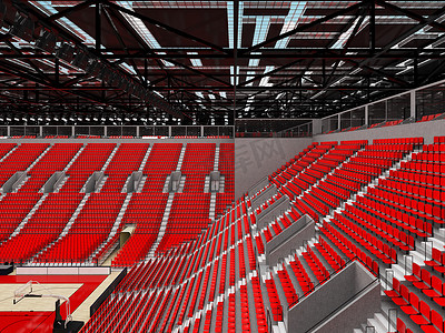美丽的现代篮球运动场，配有红色座椅和 VIP 包厢