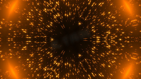 发光装饰星星摄影照片_径向金色万花筒，黑色上闪闪发光的星星，许多颗粒，庆祝 3D 渲染背景