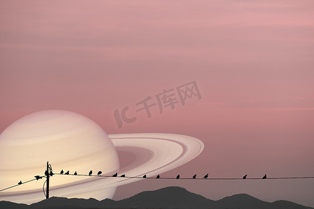 土星行星背面剪影鸟在电力线路和 m