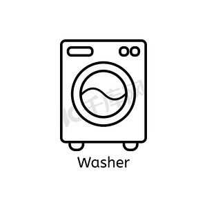 按钮简单摄影照片_洗衣机简单的线条图标。