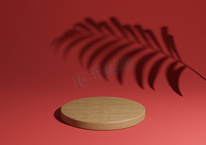 红色的展示台摄影照片_明亮的栗色、深红色的简单 3D 渲染最小的天然产品展示组合，带有一个木质讲台或背景中带有棕榈叶阴影的支架