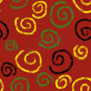 红色时尚几何摄影照片_手绘无缝图案与非洲几何装饰设计印花，Juneteenth 自由 1865 面料，黄绿色红色黑色抽象形状肯特布，民族背景。