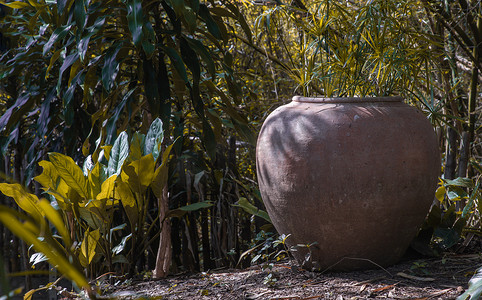 陶土装饰摄影照片_旧的大土罐或大型老式粘土罐，用于花园地面上的储水，有许多绿树自然。