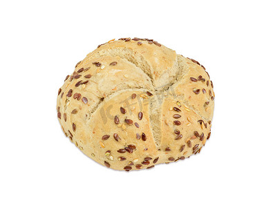 撒芝麻摄影照片_撒上亚麻和芝麻的小麦酵母面包