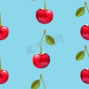 插图现实主义无缝图案浆果红樱桃与浅蓝色背景上的绿叶