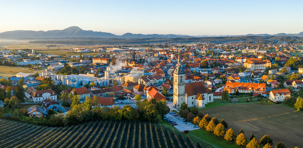 斯洛文尼亚中世纪欧洲小镇斯洛文尼亚比斯特里察的空中全景，配有教堂和城堡