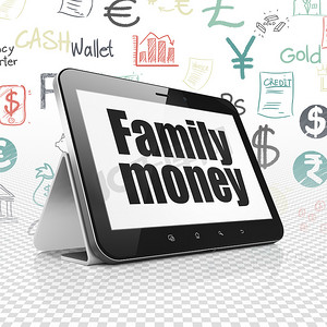 货币概念：有家庭金钱的片剂计算机显示