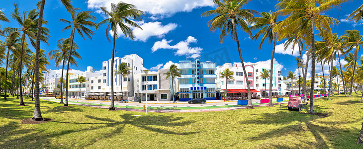 迈阿密南海滩海洋大道色彩缤纷的装饰艺术街道建筑全景